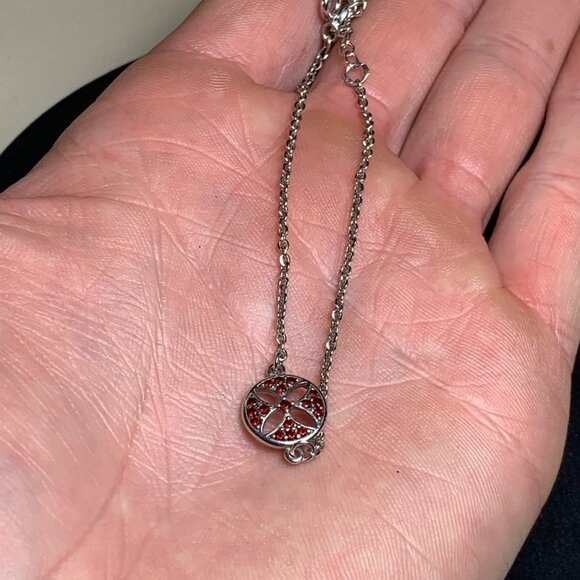 Sterling Silver 925 Red CZ Floral Design Circle Station Bracelet Adjustable 7-8" - Picture 4 of 12